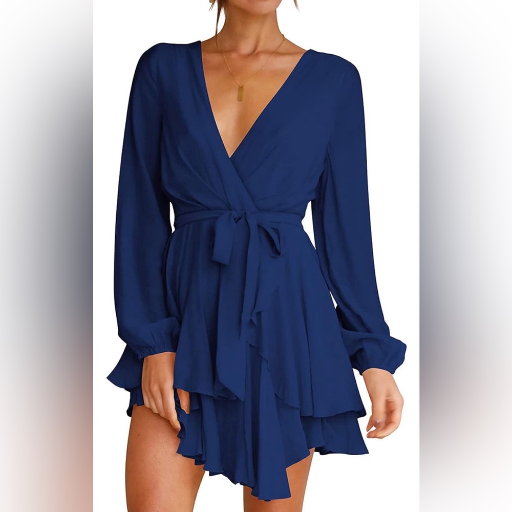 Cosonsen Women's Dress Deep V-Neck Long Sleeve